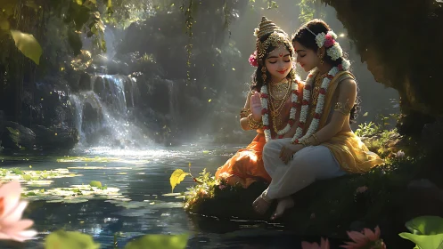 Gentle divine friends share quiet joy beside a glowing waterfall