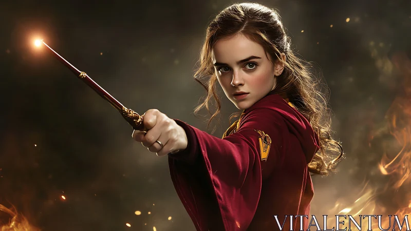 Fiery young sorceress casting spell in dramatic duel scene.