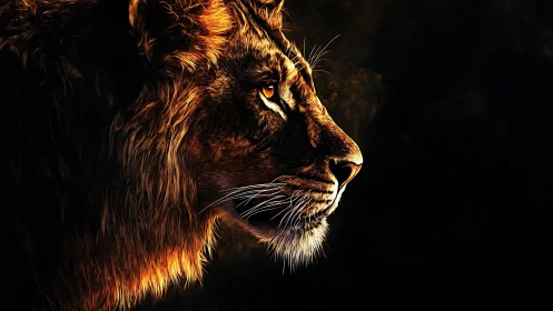 Lion profile rendered with high contrast sidelighting detail