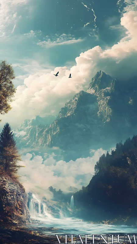 Vertical fantasy landscape with waterfalls and cloud-swept peaks.