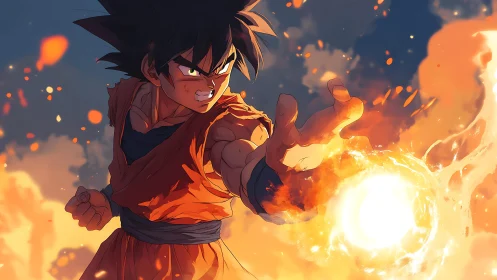 Dynamic anime fighter unleashing fiery energy sphere attack
