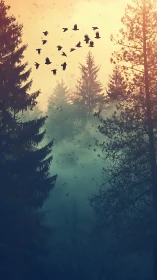 Silhouetted birds cross misty conifer forest at sunrise