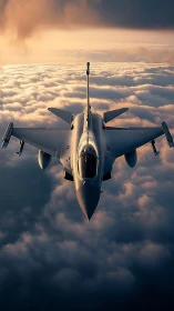 Modern jet fighter aircraft flies above dense cloud layer