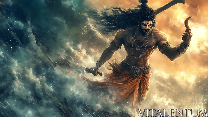 Mythic warrior strides through storming sea with curved blade