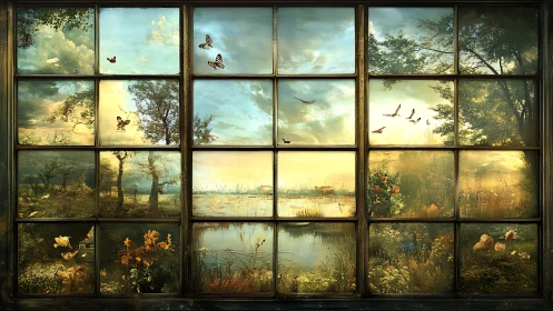Window grid frames composite landscape with sky, water, and flora