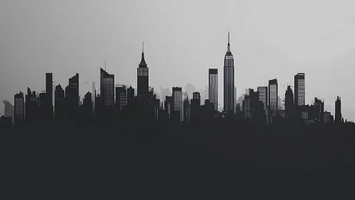 Monochrome city skyline forms a bold urban silhouette.