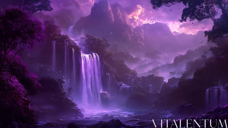 Violet fantasy waterfalls cascade through luminous misted valley