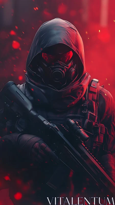 Hooded futuristic soldier grips rifle amid glowing red embers