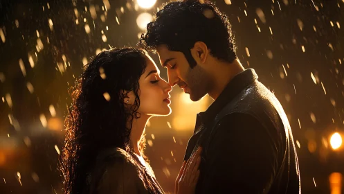 Two figures positioned closely in backlit rain scene with golden hour lighting