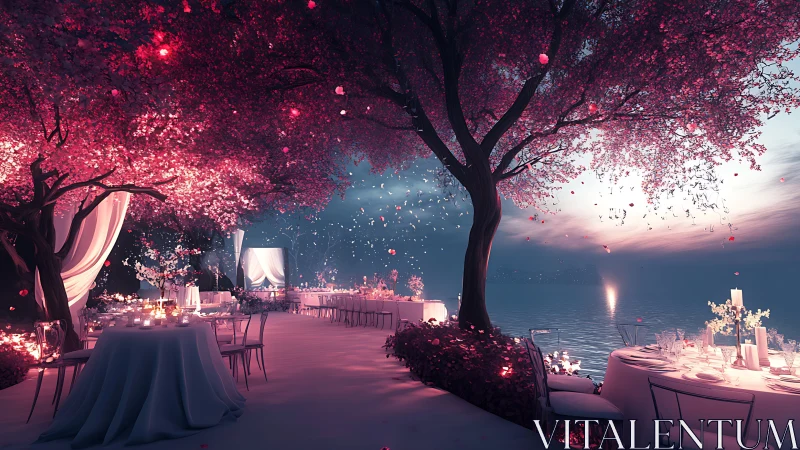 Moonlit cherry blossom banquet glows beside a peaceful lake