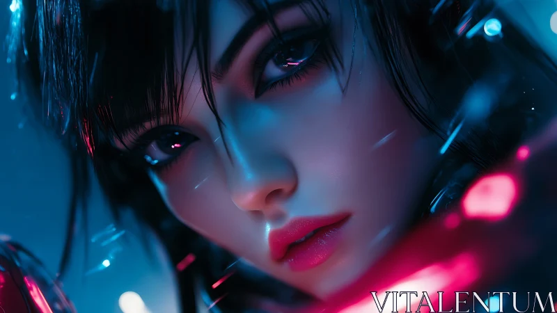 Neon-soaked cyber portrait of intense futuristic woman.