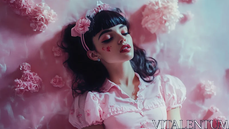 Chromatic portrait of reclining woman in saturated pink field.