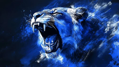 Snarling Big Cat Face Digital Portrait in Blue Tones