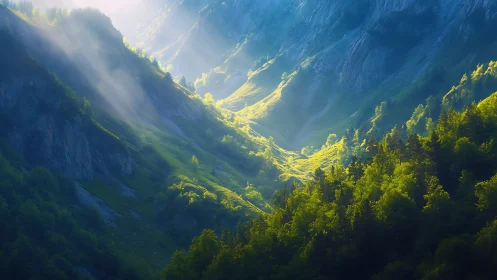 Sunlit valley cradle where emerald forests drink morning light.