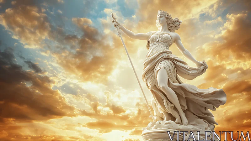 Radiant sky goddess statue glowing in warm sunset light.