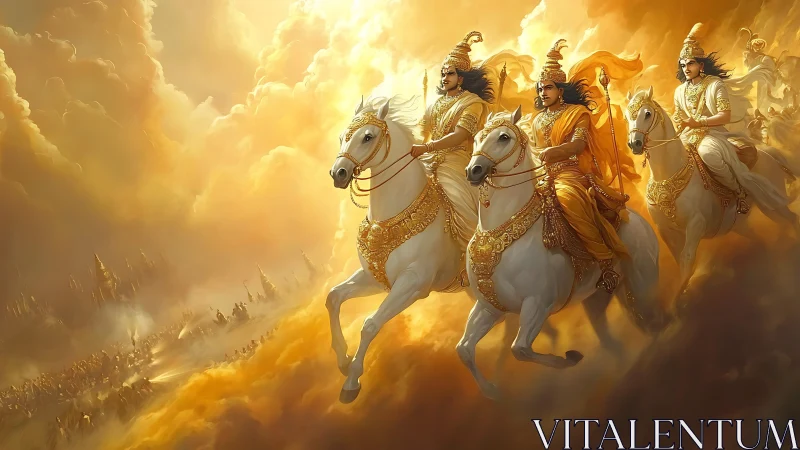 Sun-drenched celestial riders storm through molten clouds