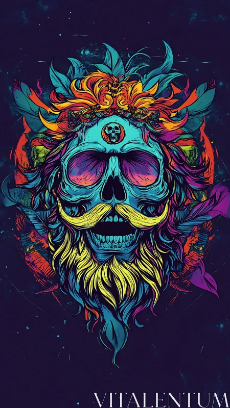Psychedelic skull monarch crowned in neon cosmic flames.