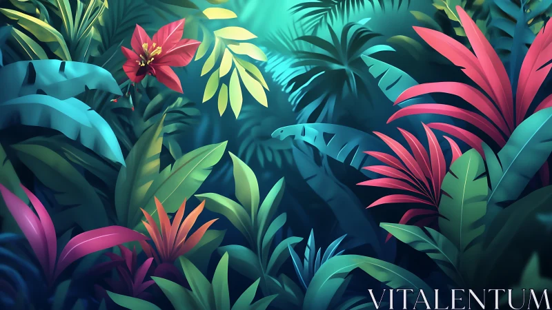 Luminous tropical foliage with vivid neon jungle blooms.