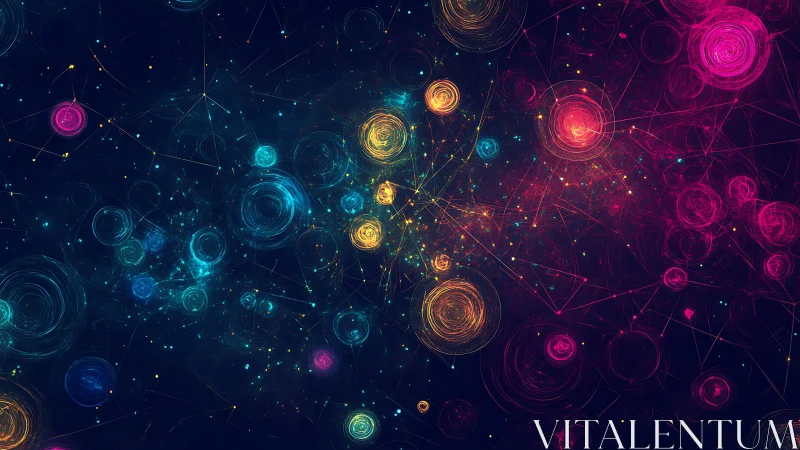 Neon particle vortex networks swirl across a deep cosmic field