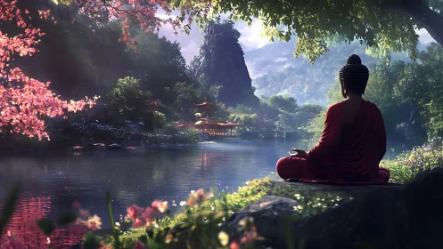 Serene Buddha meditates beside tranquil misty mountain lake