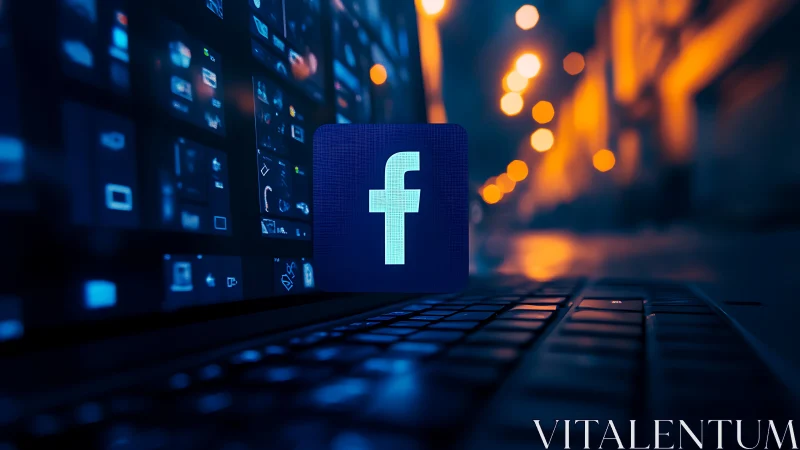 Midnight laptop glows while a bright social icon stands guard