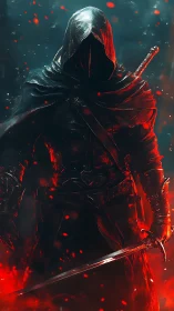 Hooded swordsman emerges from crimson embers in shadowed void.