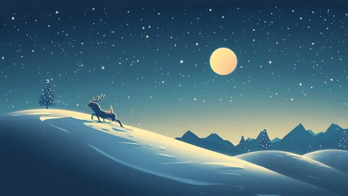 Lone reindeer on moonlit snowy ridge under star-rich sky