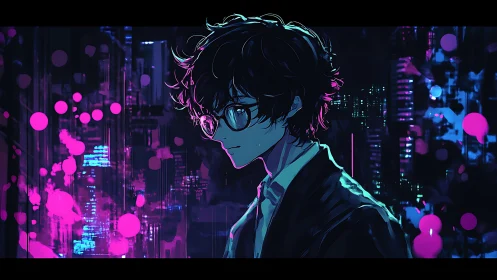 Neon-lit technophile profile in chromatic cityscape matrix.