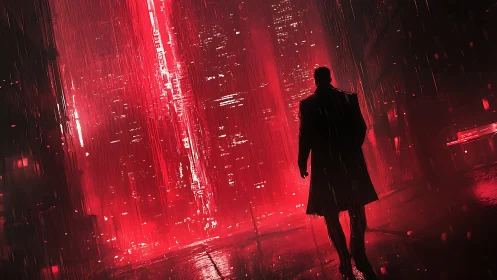 Silhouetted detective crossing neon red cyberpunk rain corridor.
