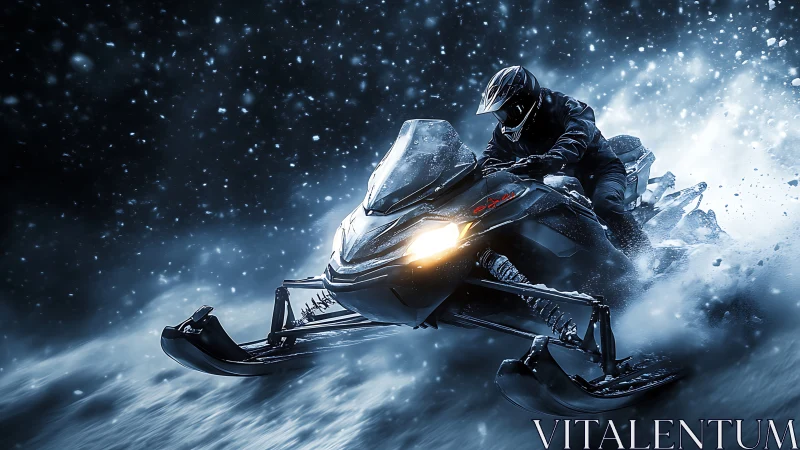 Snowmobile rider carves through a blizzard in electric blue light