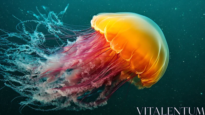 Brightly lit jellyfish drifts laterally in dark ocean water