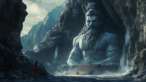 Digital painting of colossal cave deity with cinematic lighting.