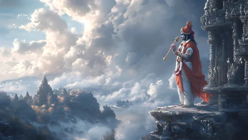 Divine figure stands on stone ledge overlooking cloud temples