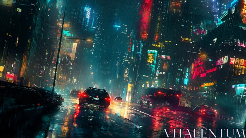 Neon-lit rainstorm engulfs futuristic cyberpunk avenue at night.
