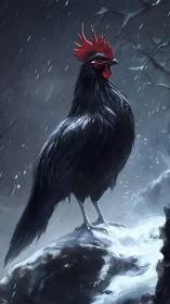 Proud Rooster Stands Defiant in Snowy Tempest.