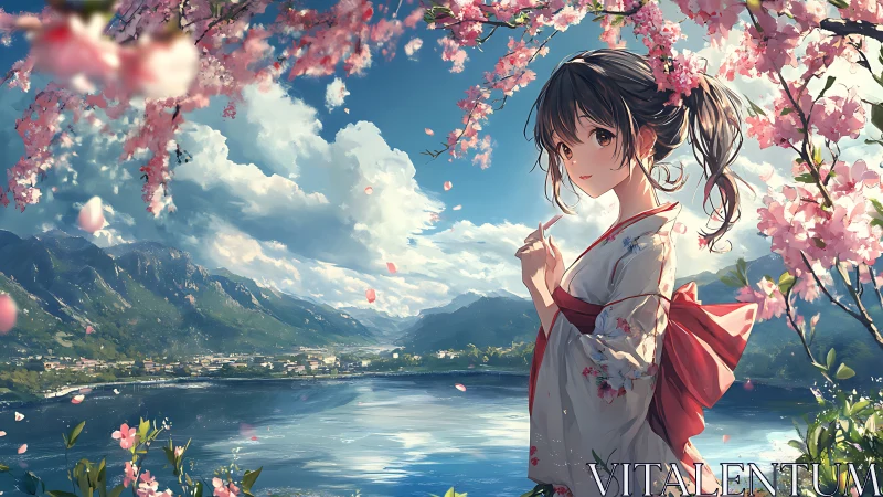Girl in floral kimono under cherry blossoms by lakeside.