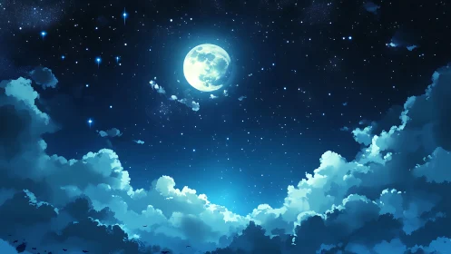 Luminous full moon above stylized nocturnal cloudscape.