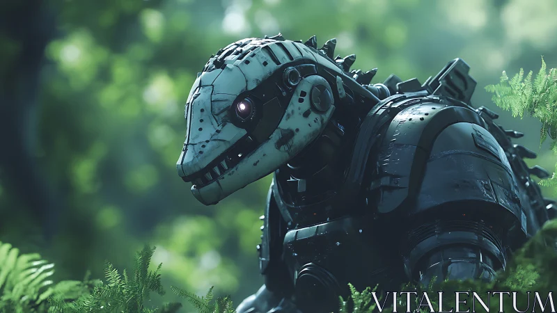 Cybernetic raptor sentinel prowls through luminous forest.