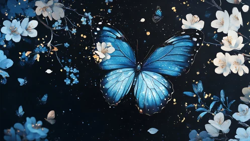 Blue butterfly illustration with white blossoms on dark background.
