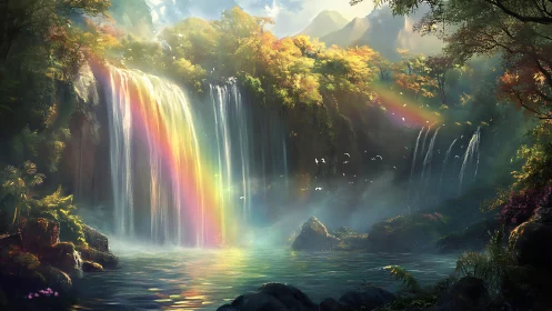 Rainbow-lit jungle waterfall cascades into misty lagoon