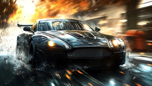 Black sports car powers through rain with blazing motion blur