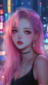 Digital portrait depicts pink-haired woman in neon city setting