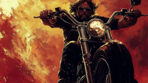 Bearded biker rides chrome motorcycle through blazing sky