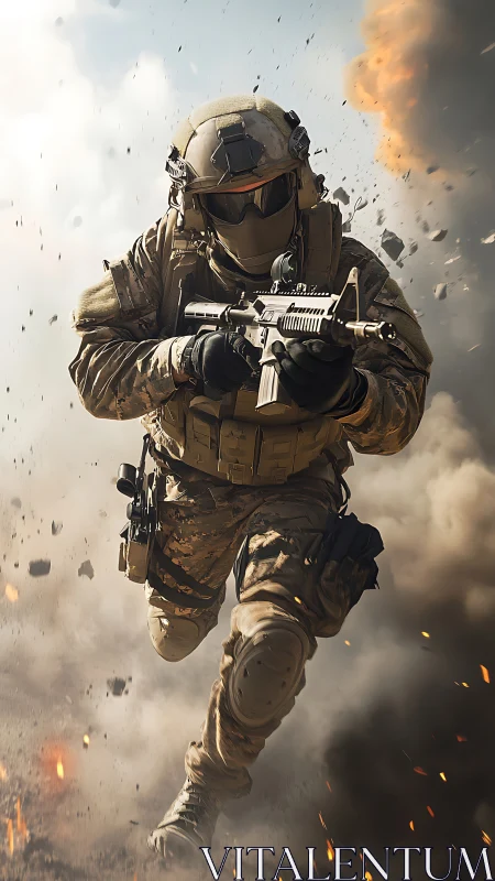 Modern soldier sprinting through swirling battlefield chaos.
