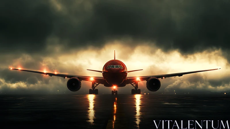 Red passenger jet on wet runway under storm clouds.