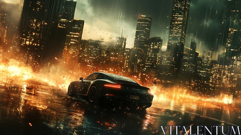 Cinematic digital painting of sports car in burning rain cityscape.