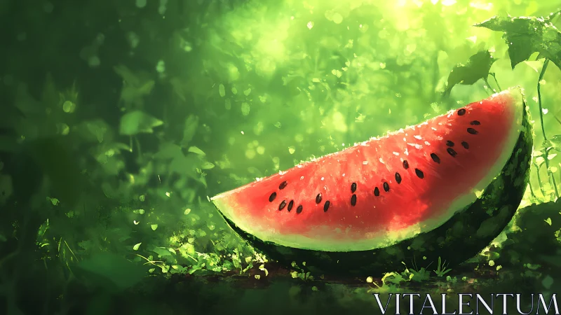 Sunlit watermelon slice rests gently in a glowing garden