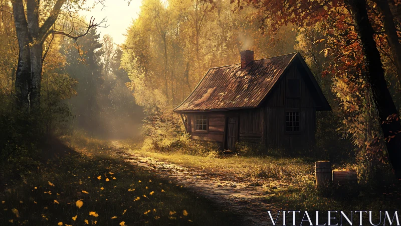 Wooden Structure in Autumn Forest Clearing.