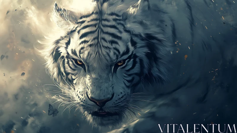 White tiger portrait in swirling mist and shadowed light.