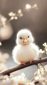 Fluffy white waterfowl chick with orange beak perched on branch surrounded by soft bokeh